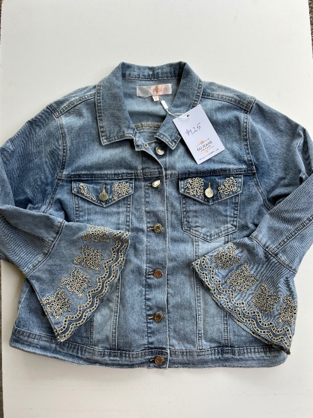 GG Jeans light blue denim jacket with embroidered patterns size Medium